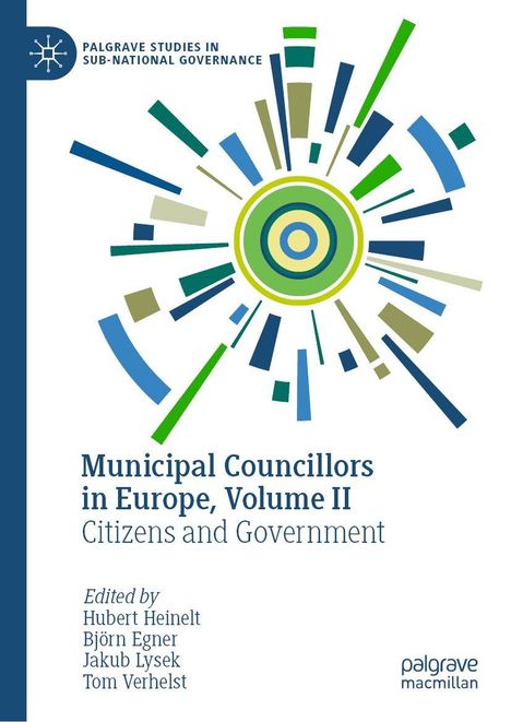 Text: "Municipal Councillors in Europe, Volume II: Citizens and Government". Grafik: Farbige, strahlenförmig angeordnete Linien.