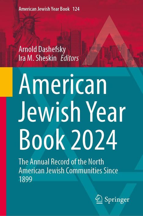 "American Jewish Year Book 2024" in großer, weißer Schrift auf türkisem Hintergrund. Silhouette der Freiheitsstatue.