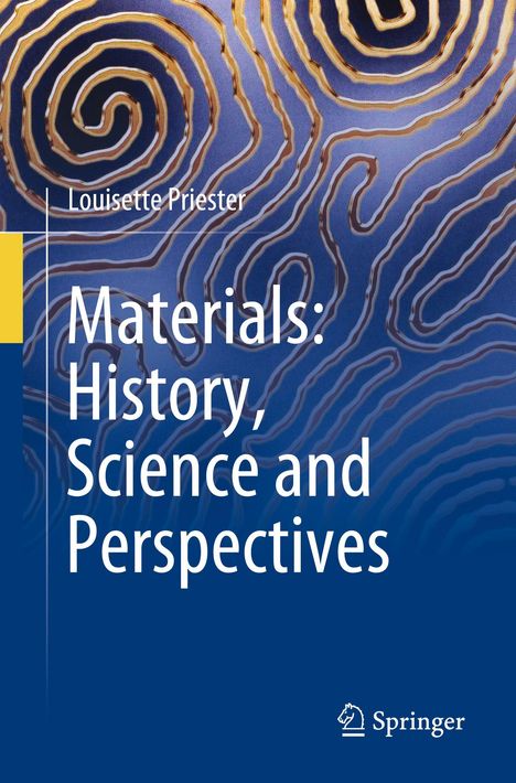 Text: "Louisette Priester, Materials: History, Science and Perspectives" vor einem Hintergrund aus goldenen Spiralmustern.