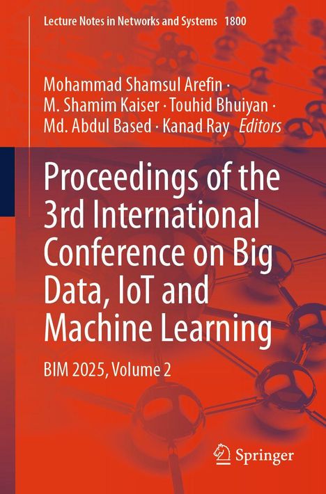 "Proceedings of the 3rd International Conference on Big Data, IoT and Machine Learning. Orangener Hintergrund mit Netzwerk."