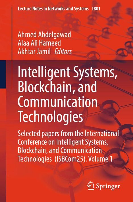 "Intelligent Systems, Blockchain, and Communication Technologies" - wissenschaftliche Publikation, rote Molekülstruktur im Hintergrund.