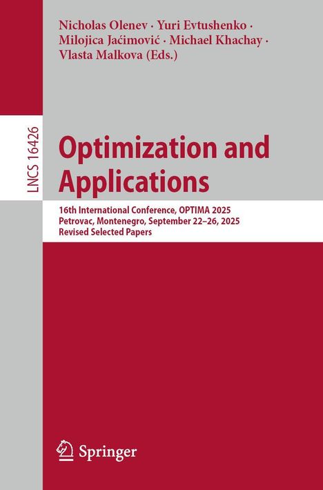 Red-Titel: "Optimization and Applications". Grauer Hintergrund mit Autoren. Springer-Logo unten links.