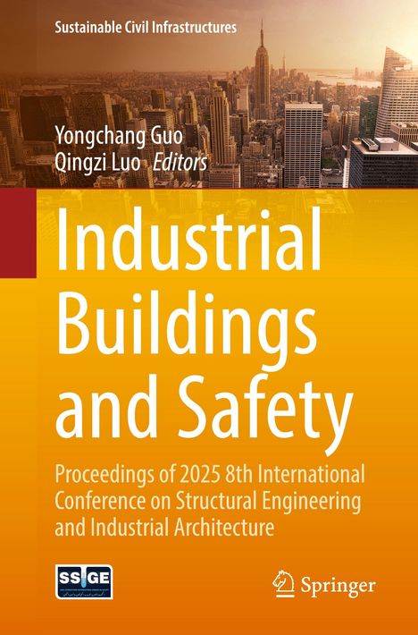 Titel: "Industrial Buildings and Safety". Eine Stadtansicht bei Sonnenuntergang.
