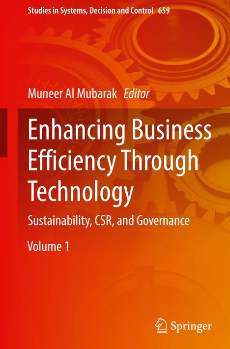 "Enhancing Business Efficiency Through Technology", in orange mit Zahnrädern. Herausgeber: Muneer Al Mubarak.