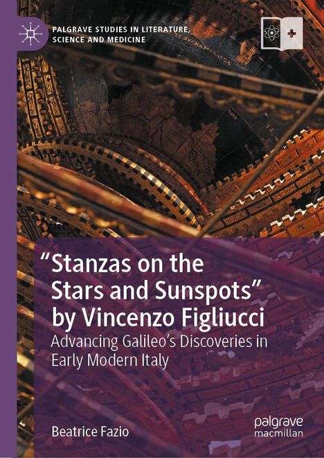 Titel: "Stanzas on the Stars and Sunspots" von Vincenzo Figliucci. Hintergrund mit antiker astronomischer Darstellung.