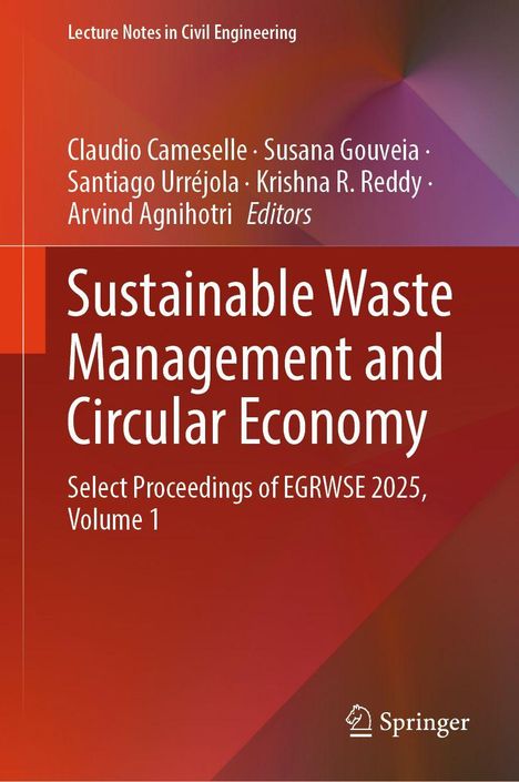 Text: "Sustainable Waste Management and Circular Economy. Select Proceedings of EGRWSE 2025, Volume 1." Rotes, geometrisches Design.