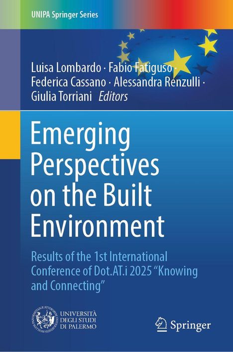 UNIPA Springer Series. "Emerging Perspectives on the Built Environment". Europa-Sterne auf blauem Verlauf. Springer-Logo.