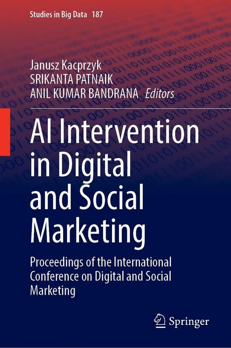 Text: "AI Intervention in Digital and Social Marketing." Oben rote und blaue Farben mit einem Muster aus Binärcode. Springer-Logo.