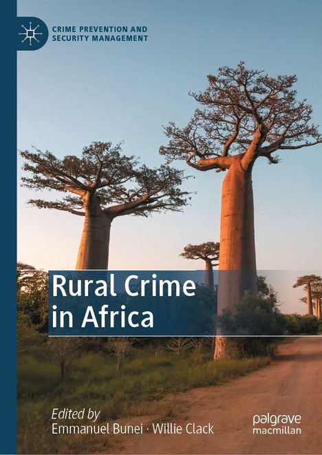 "Rural Crime in Africa", Edited by Emmanuel Bunei, Willie Clack. Große Baobab-Bäume auf einem sonnenbeschienenen Weg.