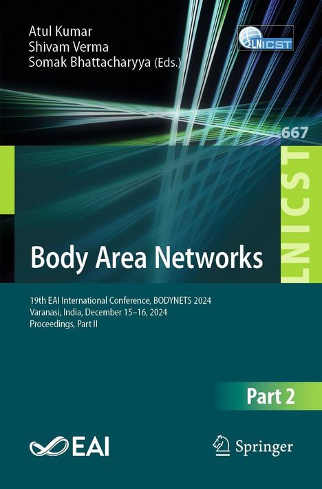 Titel: "Body Area Networks". Konferenz: BODYNETS 2024, Indien. Zwei Logos unten. Abstrakte Linien im Hintergrund.