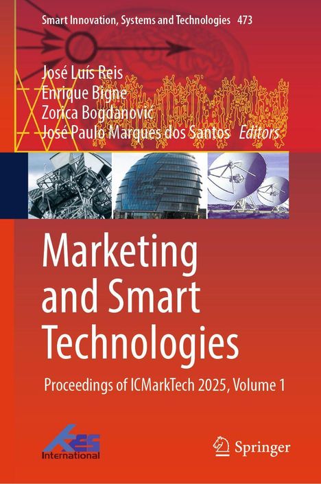 "Marketing and Smart Technologies" ist prominent in Weiß auf rotem Hintergrund. Drei technische Bilder oben.