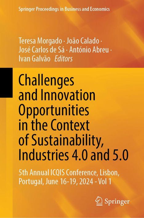 Buchcover mit gelbem und orangefarbenem Design, Titel: "Challenges and Innovation Opportunities in the Context of Sustainability, Industries 4.0 and 5.0".