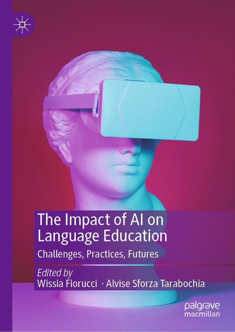 „The Impact of AI on Language Education“. Skulpturkopf trägt VR-Brille. Hintergrund in Blau und Violett.
