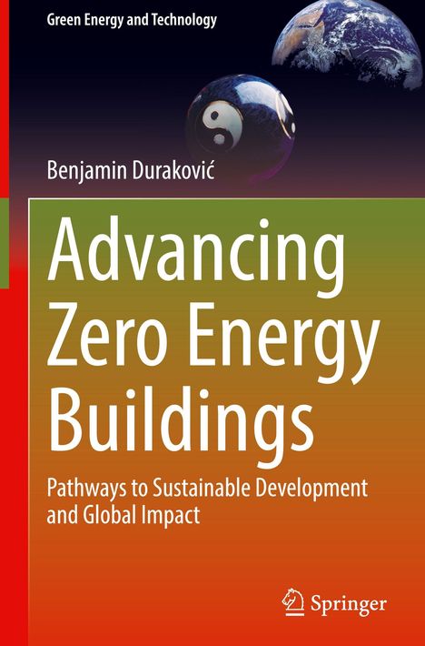 Titel: Advancing Zero Energy Buildings. Ein Globus und Yin-Yang-Symbol schweben vor farbigem Hintergrund.
