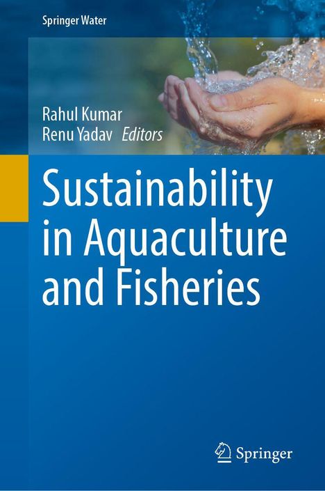 Titel: "Sustainability in Aquaculture and Fisheries". Oben Hände, die Wasser auffangen, blau-grüne Töne.