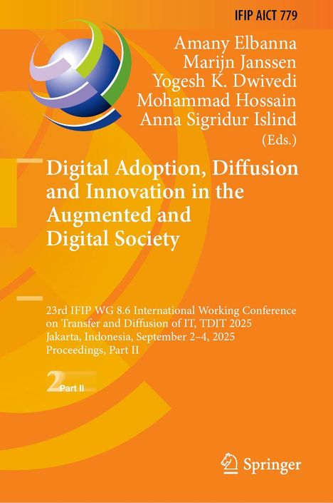 Buchtitel: "Digital Adoption, Diffusion and Innovation in the Augmented and Digital Society." Orange Hintergrund, Logo.