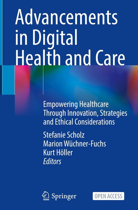 Buchcover: "Advancements in Digital Health and Care", darunter Autoren und Springer-Logo, bunter Hintergrund.