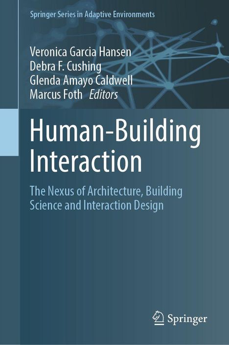 „Human-Building Interaction“, Buchcover, blaue Töne, Netzwerk-Struktur-Muster, Springer-Logo unten.