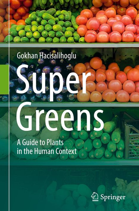 "Super Greens: A Guide to Plants in the Human Context" von Gokhan Hacisalihoglu. Gemüse in Regalen, darunter Tomaten und Gurken.