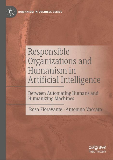 Buchtitel mit rotem Hintergrund: "Responsible Organizations and Humanism in Artificial Intelligence" von Fioravante und Vaccaro.