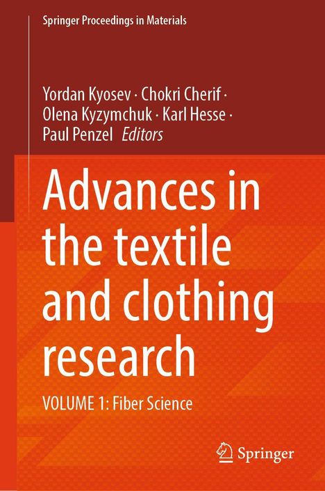 Buchtitel: "Advances in the textile and clothing research, Volume 1: Fiber Science". Oranger Hintergrund mit Text in Weiß.