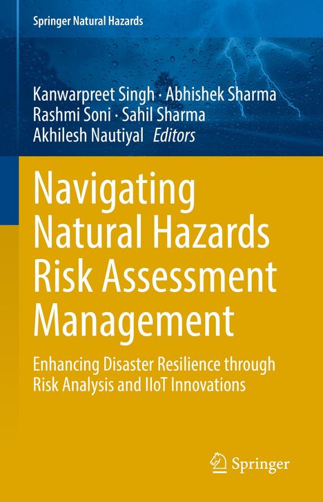 Text: "Navigating Natural Hazards." Untertitel: "Enhancing Disaster Resilience." Gelbes Titelbild mit blauem Himmel.