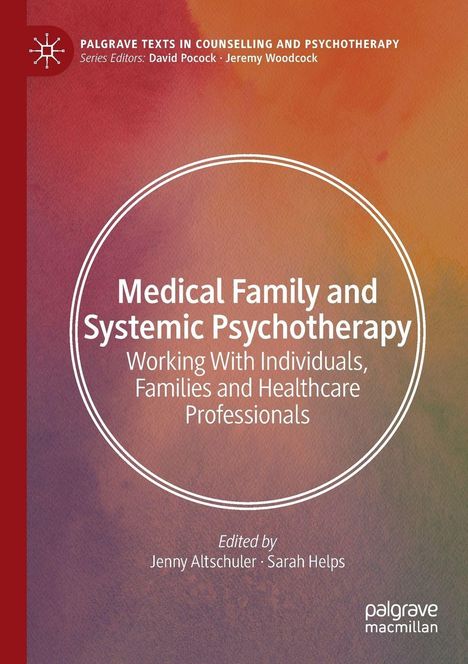 Text: "Medical Family and Systemic Psychotherapy." Hintergrund in warmen Rot-Orange-Tönen, Kreis umrahmt den Titel.