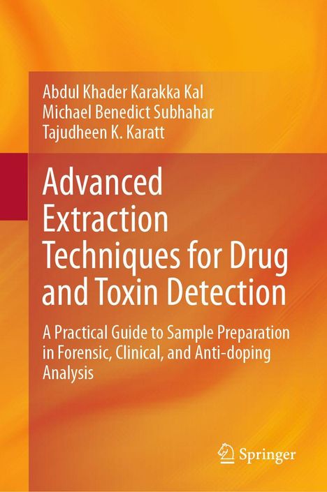 „Advanced Extraction Techniques for Drug and Toxin Detection“ in weißen Buchstaben auf orangefarbenem Hintergrund.