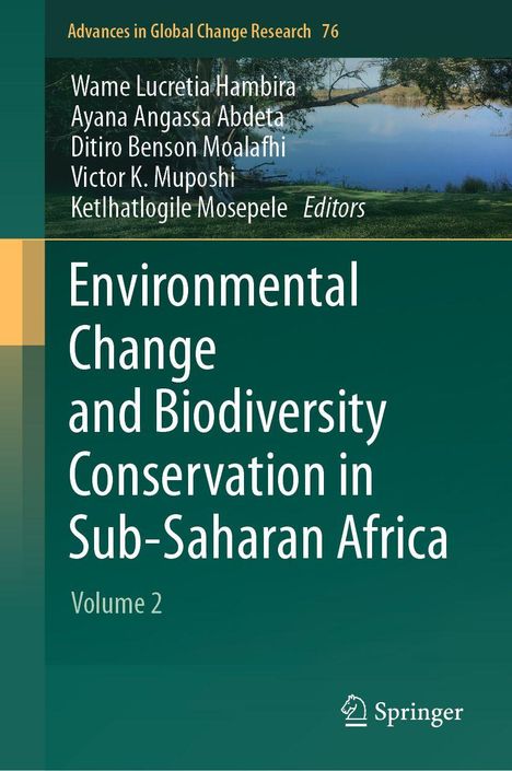 Text: "Environmental Change and Biodiversity Conservation in Sub-Saharan Africa". Oben ein Naturfoto eines Sees.