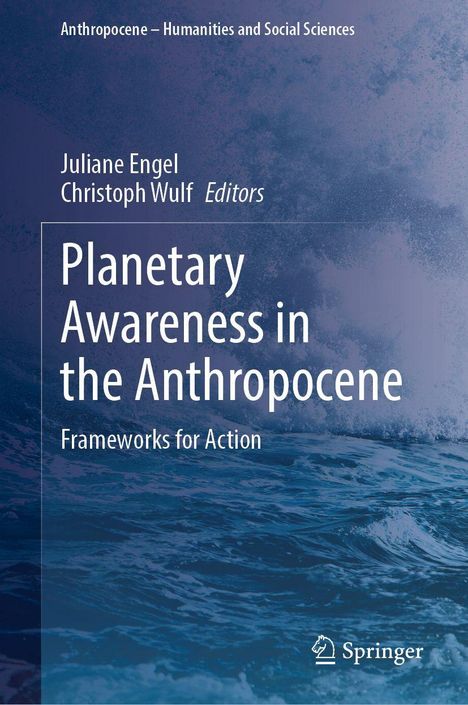 Buchtitel: "Planetary Awareness in the Anthropocene". Hintergrund: Meereswellen, blau-türkise Farbtöne.