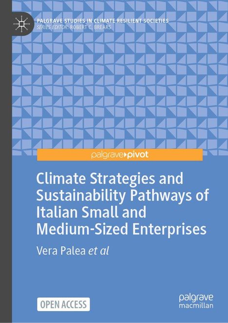 Titel: "Climate Strategies and Sustainability Pathways of Italian Small and Medium-Sized Enterprises." Blauer Hintergrund.