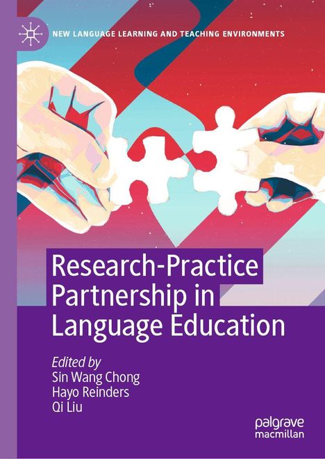 "Research-Practice Partnership in Language Education" ist der Titel. Zwei Hände halten Puzzlestücke vor farbigem Hintergrund.