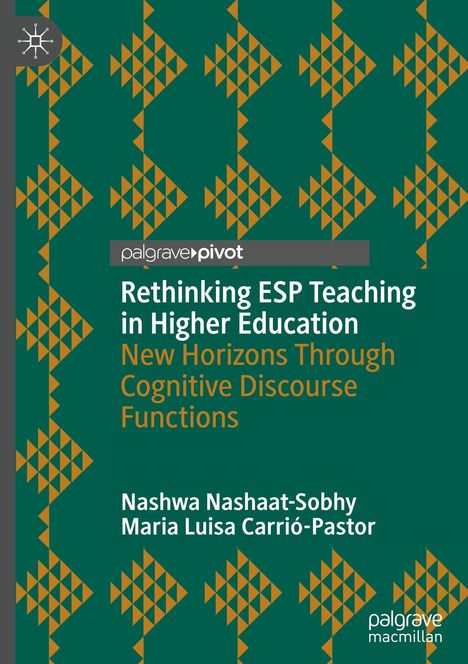 "Rethinking ESP Teaching in Higher Education" in Weiß und Orange auf grünem Hintergrund mit geometrischem Muster.