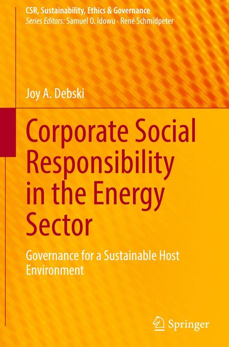 Ein Buchcover mit dem Titel „Corporate Social Responsibility in the Energy Sector“ von Joy A. Debski, gelb-orange Hintergrund.