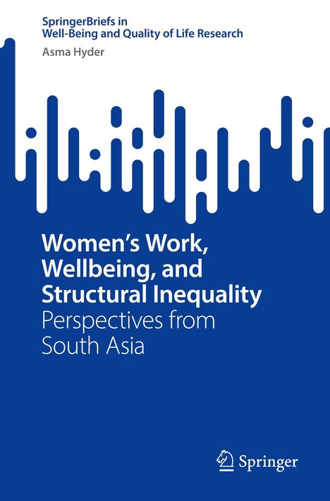 "Women’s Work, Wellbeing, and Structural Inequality: Perspectives from South Asia" in Weiß auf Blau. Oben blauer Text.