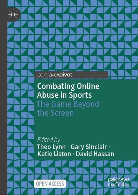 "Combating Online Abuse in Sports" ist der Titel. Hintergrund in Blau-Grün mit geometrischen Mustern.