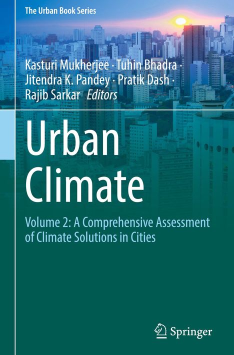 Titel: "Urban Climate". Untertitel: "Volume 2: A Comprehensive Assessment of Climate Solutions in Cities". Skyline bei Sonnenuntergang.