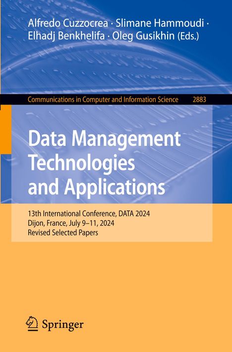 Cover in Blau und Orange. Text: "Data Management Technologies and Applications", "Springer" unten.