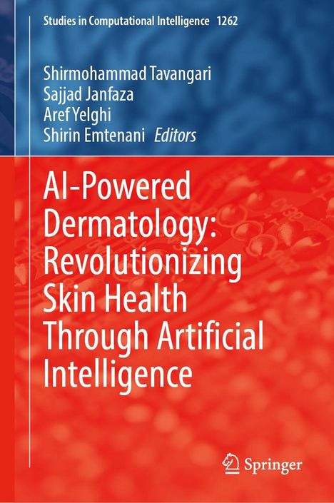 "AI-Powered Dermatology: Revolutionizing Skin Health Through Artificial Intelligence." Rotes und blaues Design.