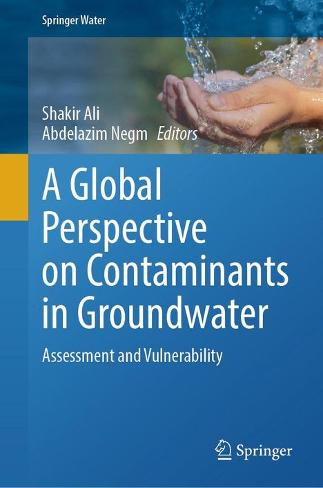Text: "A Global Perspective on Contaminants in Groundwater: Assessment and Vulnerability." Zwei Hände halten Wasser.
