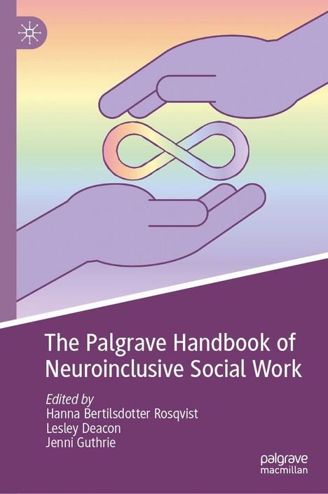 „The Palgrave Handbook of Neuroinclusive Social Work“, bearbeitet von Hanna Bertilsdotter Rosqvist, Lesley Deacon, Jenni Guthrie. Zwei lilafarbene Hände halten ein Regenbogen-Unendlichkeitszeichen, Hintergrund in Pastellverlauf.