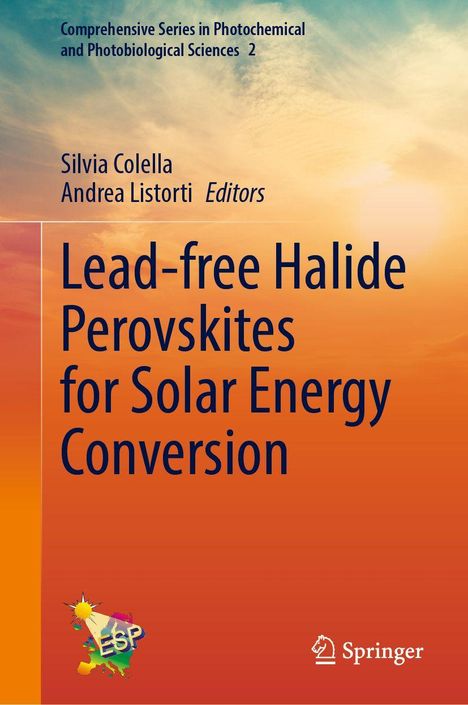 Text in schwarzer Schrift: "Lead-free Halide Perovskites for Solar Energy Conversion". Farbverlauf von blau zu orange.