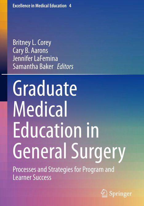 "Graduate Medical Education in General Surgery" von Corey et al., über Prozesse und Strategien. Farbverlauf Hintergrund.