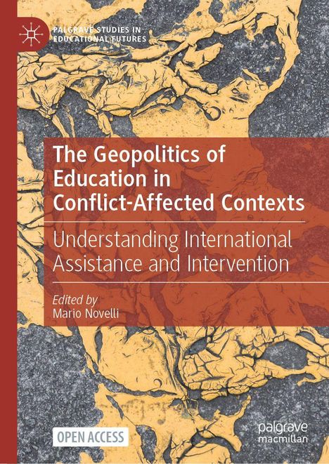 Text: „The Geopolitics of Education in Conflict-Affected Contexts“ auf braunem Hintergrund. Gelbe und graue abstrakte Muster.