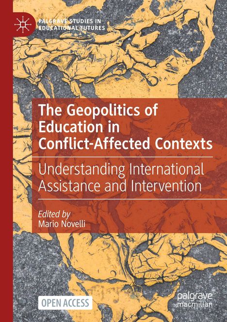 "The Geopolitics of Education in Conflict-Affected Contexts." Gelbe und graue abstrakte Kunst mit Text.
