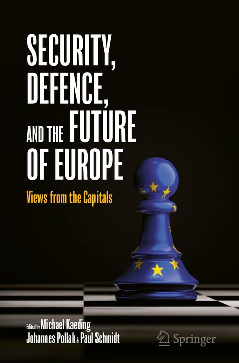 "Security, Defence, and the Future of Europe: Views from the Capitals." Blaues Schachbauern-Symbol mit EU-Sternen. Springer-Logo.