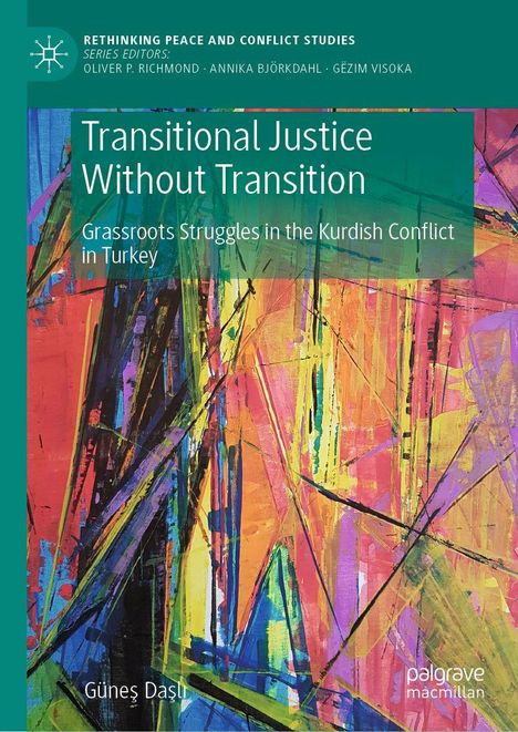 „Transitional Justice Without Transition“; Gemälde mit lebhaften bunten abstrakten Linien und Formen.
