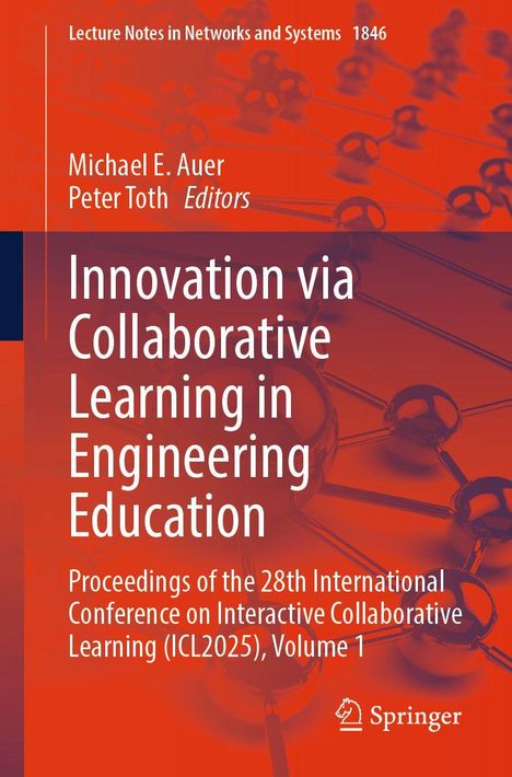 Buchtitel: "Innovation via Collaborative Learning in Engineering Education". Orange Hintergrund mit Netzwerkillustration.