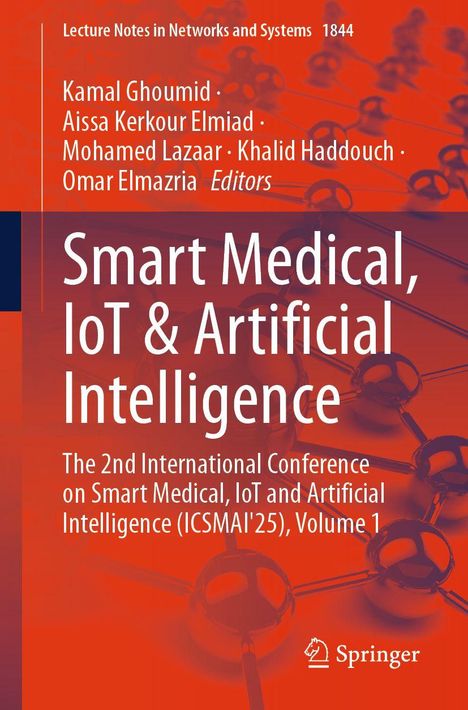 "Smart Medical, IoT & Artificial Intelligence" in weiß auf rotem Hintergrund, abstrakte Moleküldarstellung.