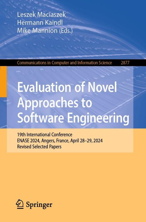 "Evaluation of Novel Approaches to Software Engineering" steht zentral. Fachbuchcover mit blauer und gelber Farbgebung.